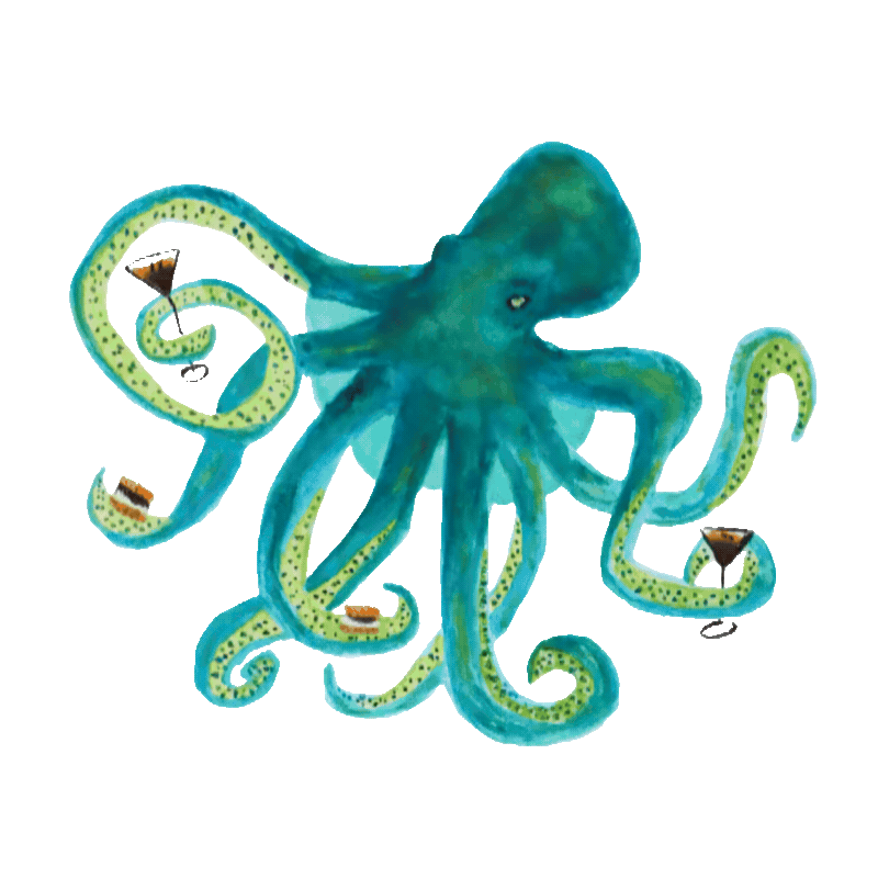 Watercolor octopus holding cocktail glasses